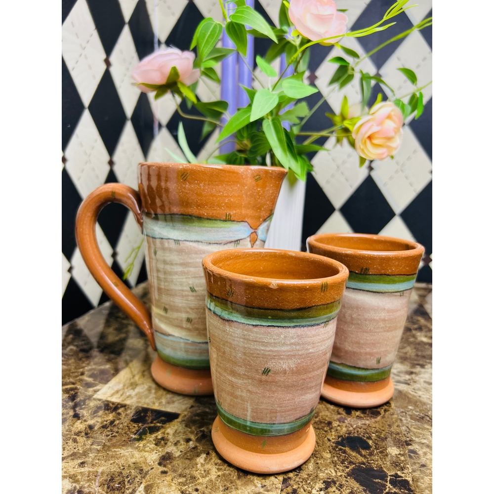 Rustic Ceramic Pitcher and Tumbler Set Earth Tone Tumblers Stoneware Style